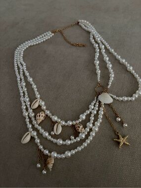 Multi-Strand Pearl & Shell Charm waist beads - White with Gold Accents